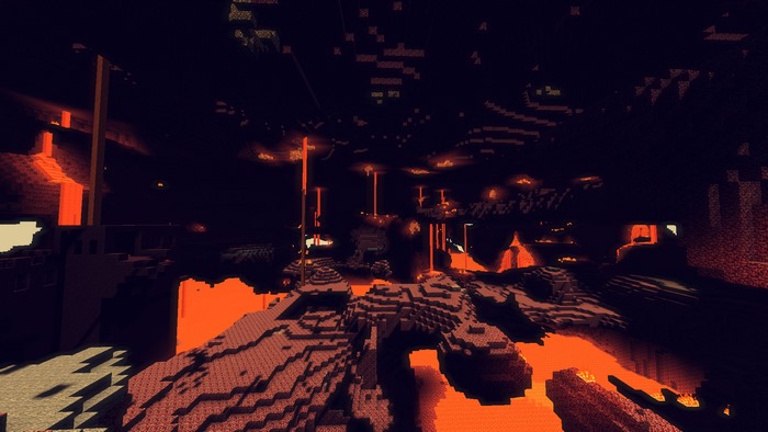 Minecraft Nether landscape with lava and dark caverns