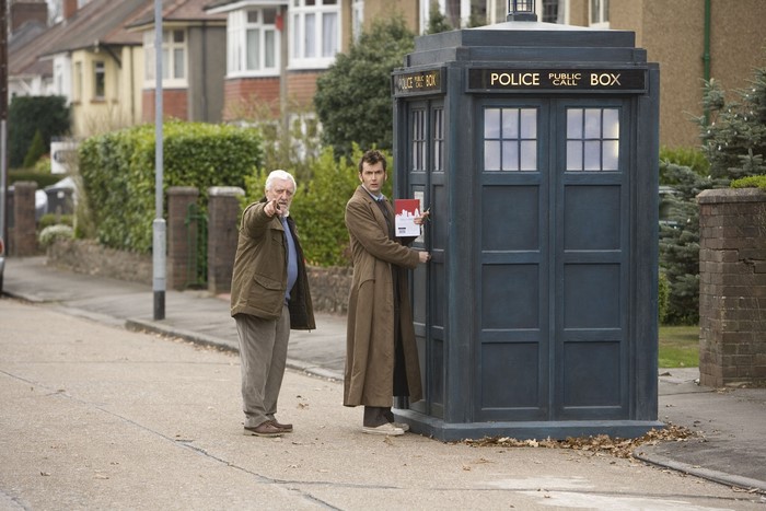 The Tenth Doctor and Wilfred Mott with the TARDIS