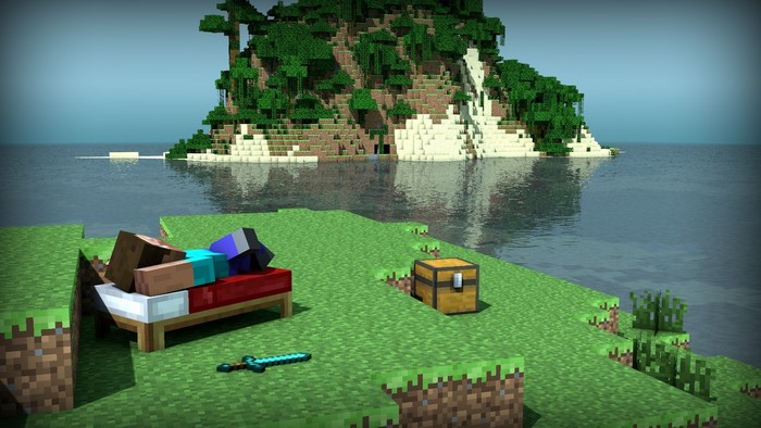 Minecraft character sleeping on a bed near an island