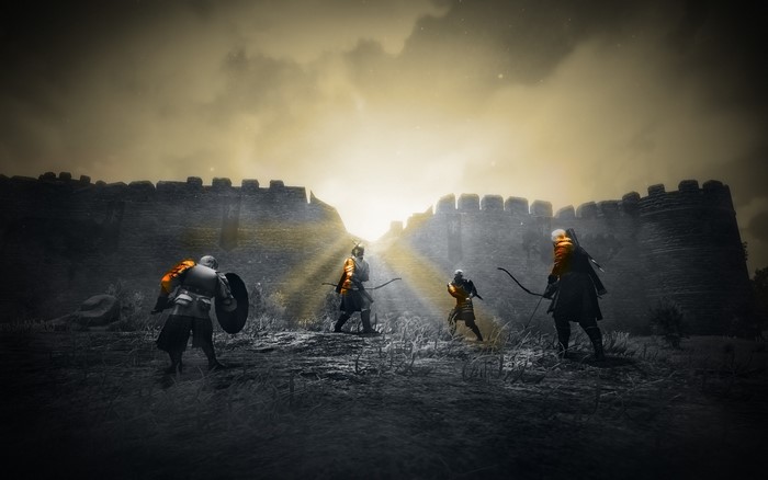Medieval warriors with bows and shields near a castle wall