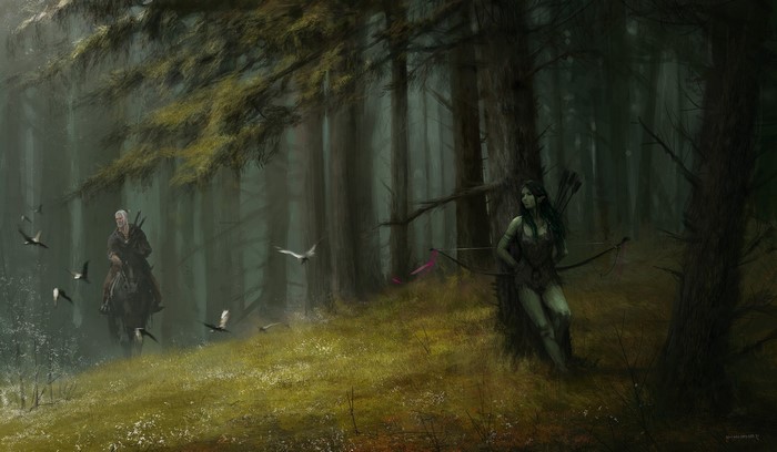 Geralt of Rivia and Ciri in a forest