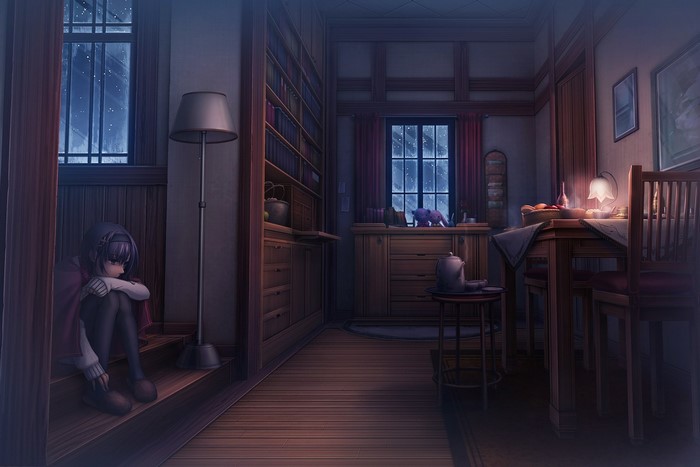 Anime girl sitting by window at night
