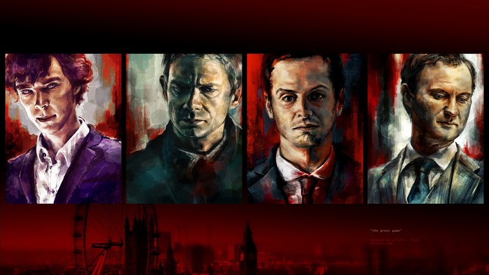 Sherlock, John Watson, James Moriarty, and Mycroft Holmes