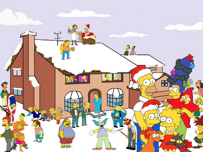 The Simpsons characters celebrating Christmas outside the house