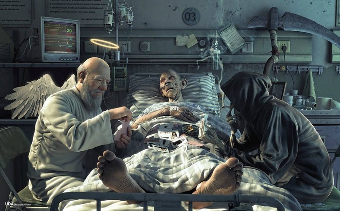 Angel and Death visit a dying patient in a hospital room