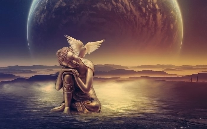 Buddha statue with a dove and a planet