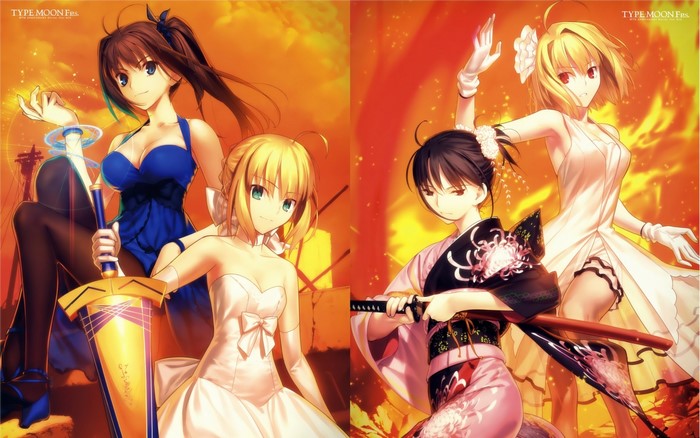 Saber, Arcueid, Aoko, and Shiki from Type-Moon