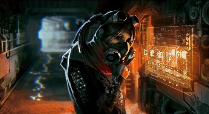 Cyberpunk character with gas mask and interface