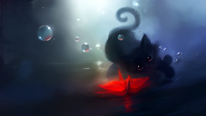 Black cat with red origami crane underwater