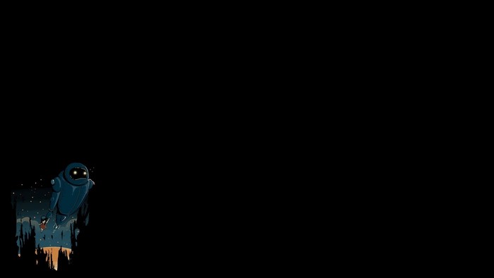 Robot and child in a dark, abstract landscape