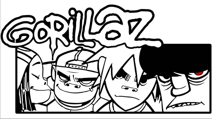 Gorillaz band members in black and white