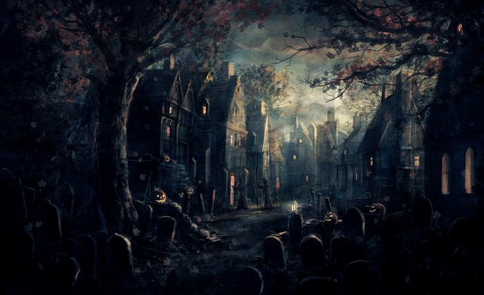 Halloween graveyard with spooky village and grim reapers
