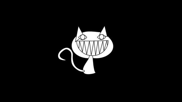 White cat with sharp teeth on black background