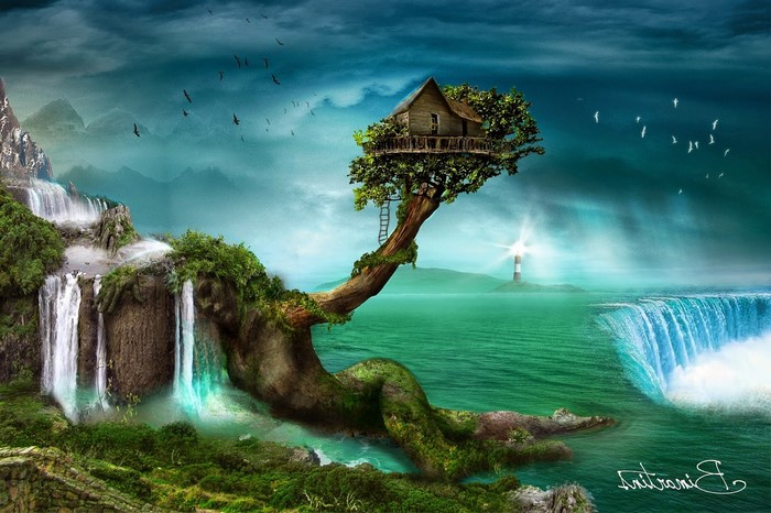 Fantasy Treehouse Overlooking Waterfall and Lighthouse