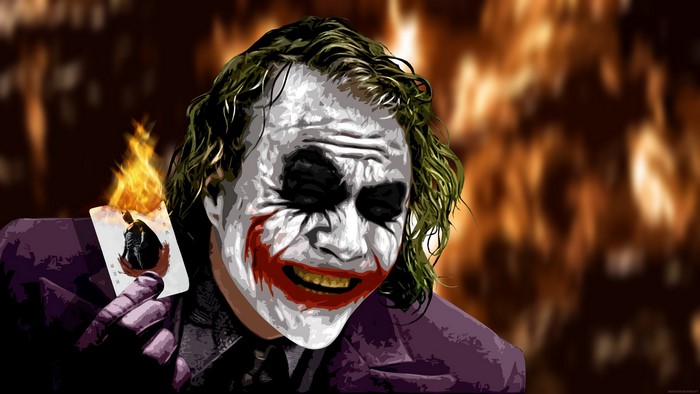 The Joker from The Dark Knight holding a burning card