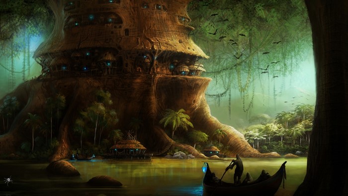 Fantasy treehouse village by a river with a boat