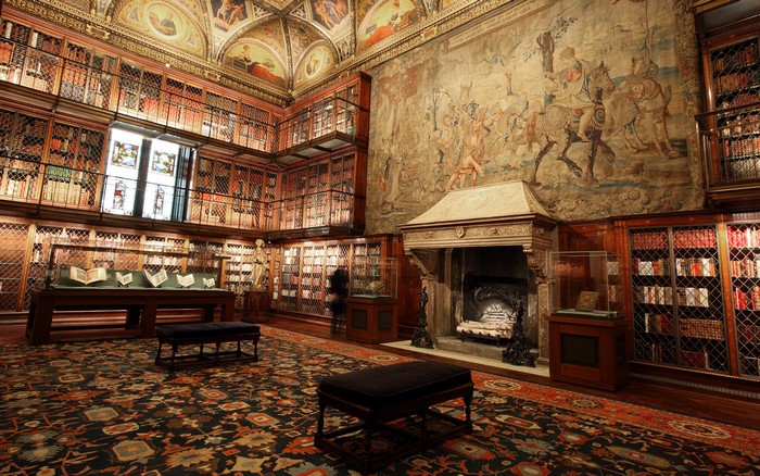 Library Interior with Tapestry and Fireplace