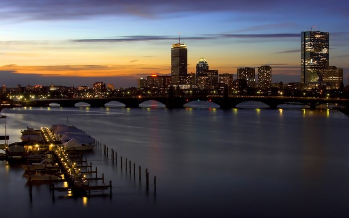 Boston cityscape at sunset over the Charles River