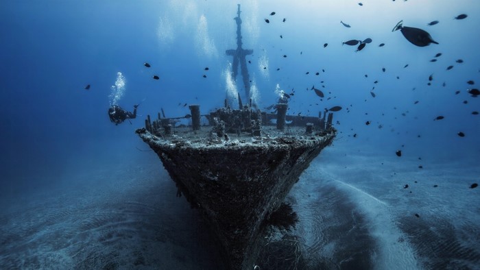 Underwater shipwreck with divers and fish