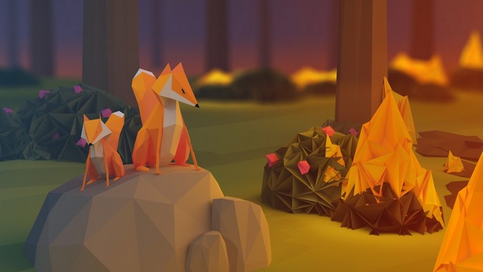 Low poly foxes near campfire in forest
