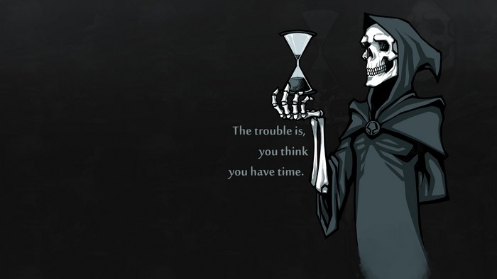 Grim Reaper holding an hourglass with a quote about time