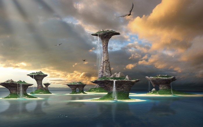 Floating islands with waterfalls in a cloudy sky