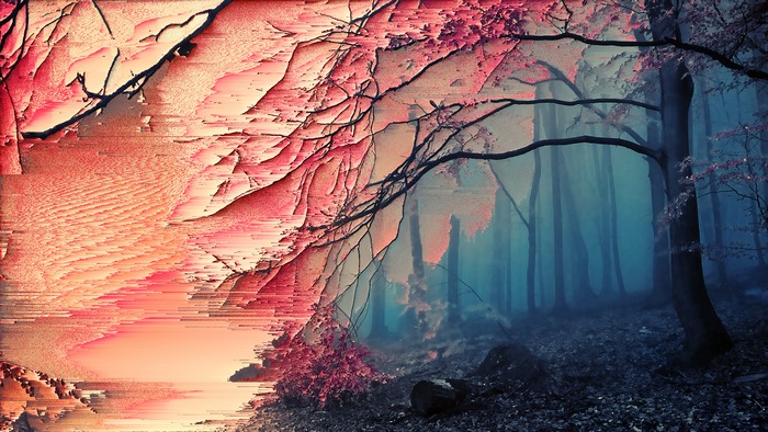 Glitch art of a forest with pink trees