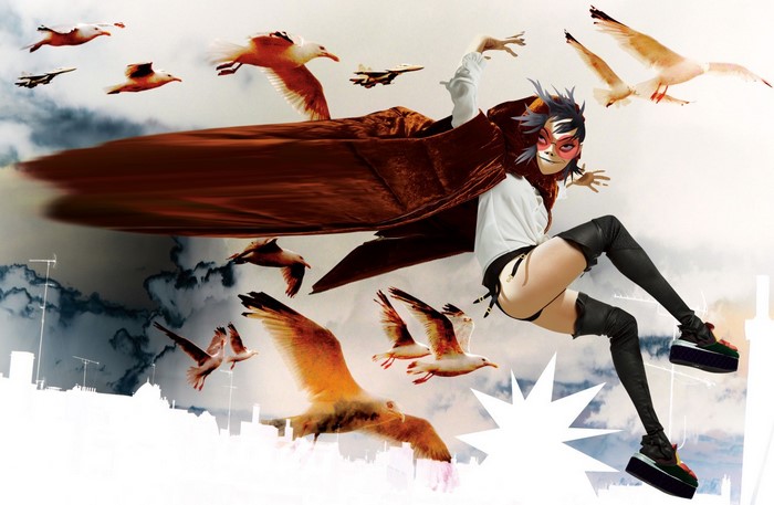 Noodle from Gorillaz flying with seagulls