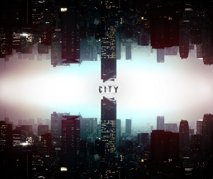 Cityscape with mirrored skyscrapers and the word CITY