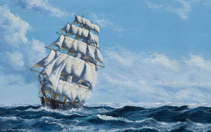 Painting of a sailing ship on the sea