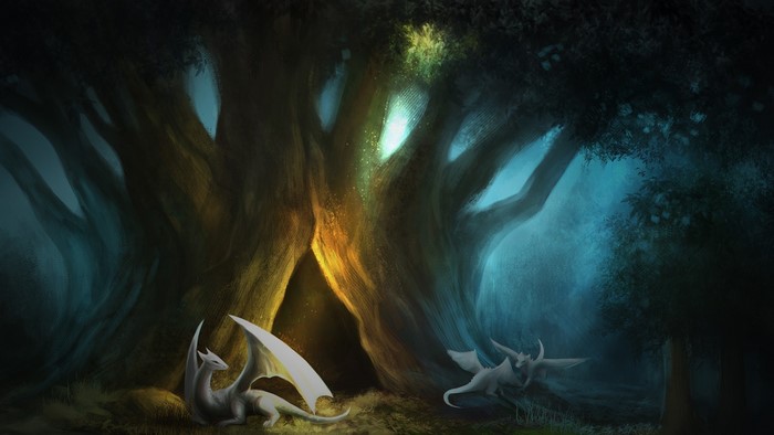 Two white dragons in a mystical forest with glowing trees