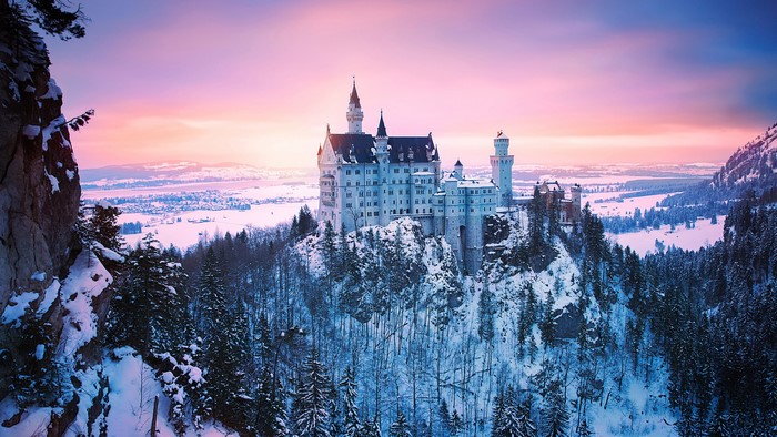 Neuschwanstein Castle in Winter at Sunset