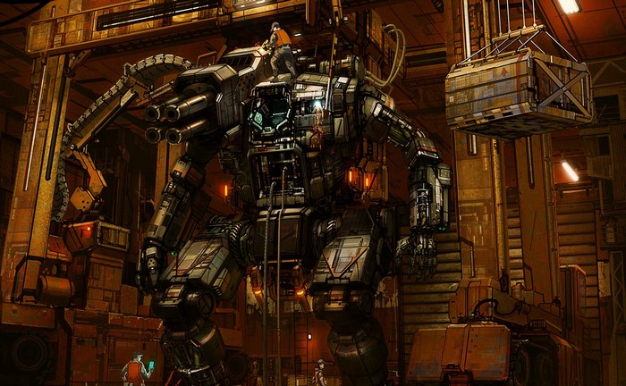 Giant mech being serviced in a hangar