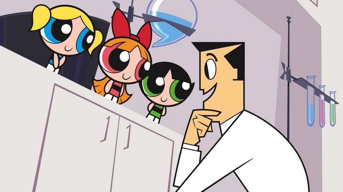 The Powerpuff Girls and Professor Utonium in a lab