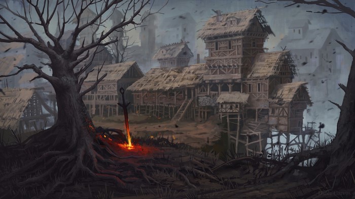Dark Souls III artwork of a desolate village with a glowing sword