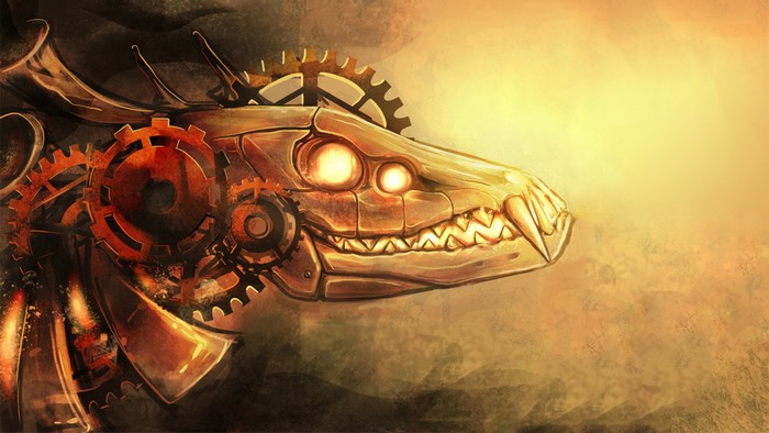 Steampunk dragon head with gears and glowing eyes