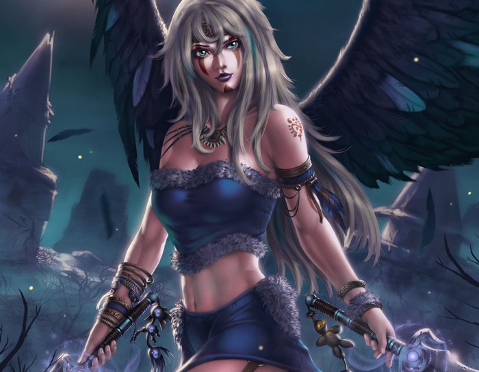 Fantasy warrior angel with wings and swords