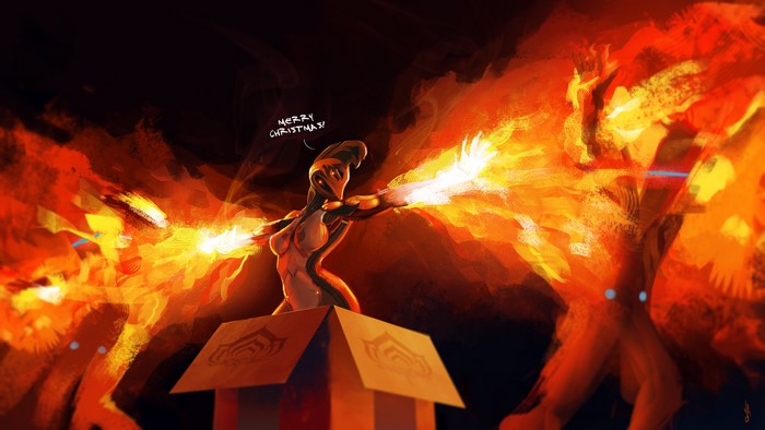 Warframe Ember emerging from a box with fiery hands