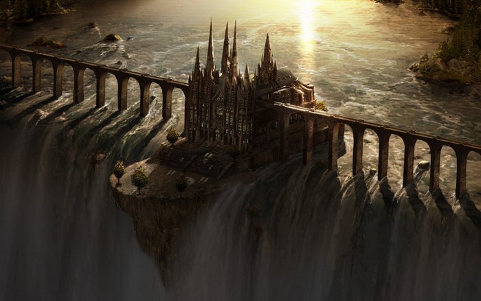 Fantasy cathedral on a cliff with waterfalls and a bridge