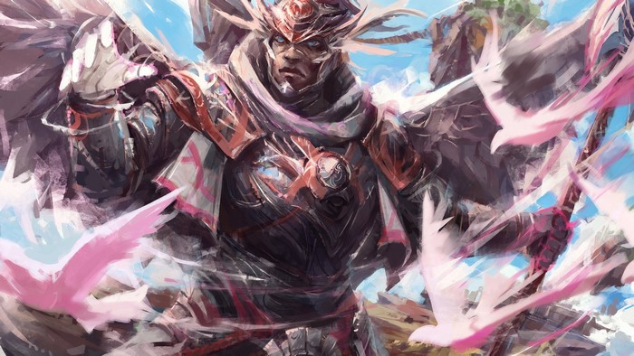 Warrior with wings and pink birds