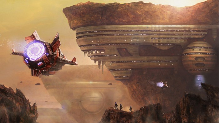 Spaceship departing from a futuristic city on a rocky planet