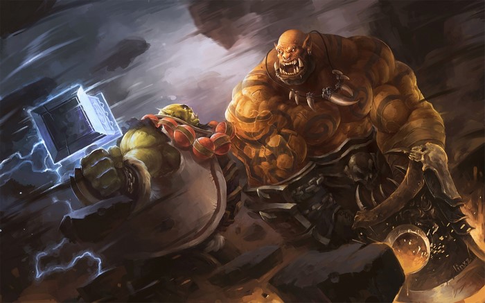 Two orcs fighting with weapons