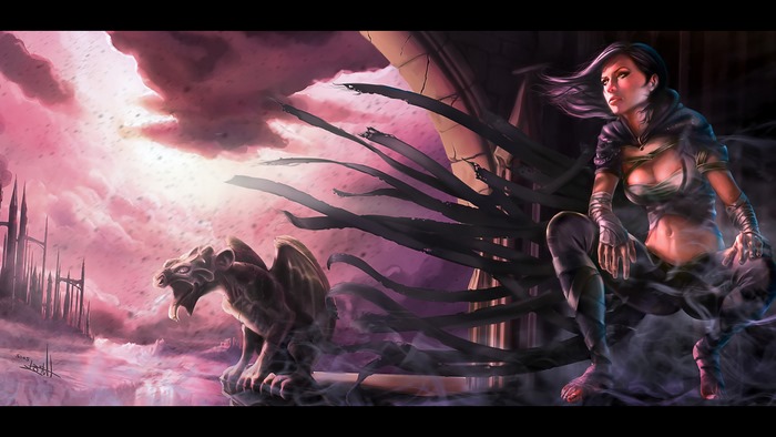 Fantasy art of a woman and gargoyle in misty ruins