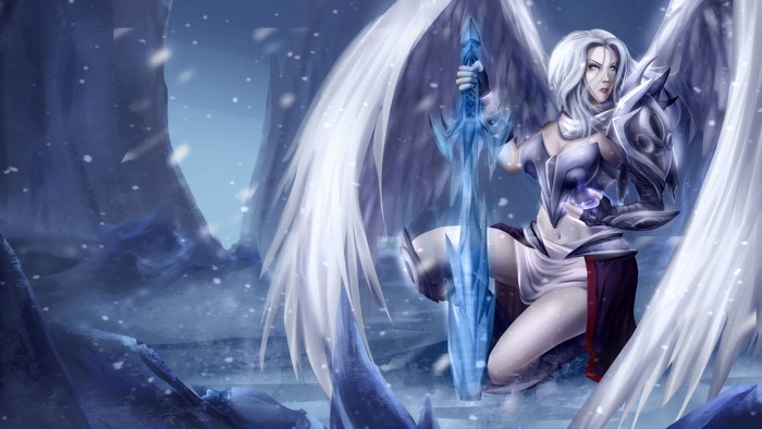 Angel with ice sword in snowy landscape