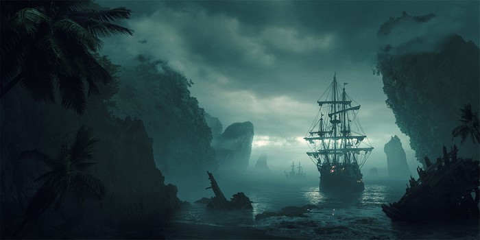 Fantasy art of a ship in a misty bay