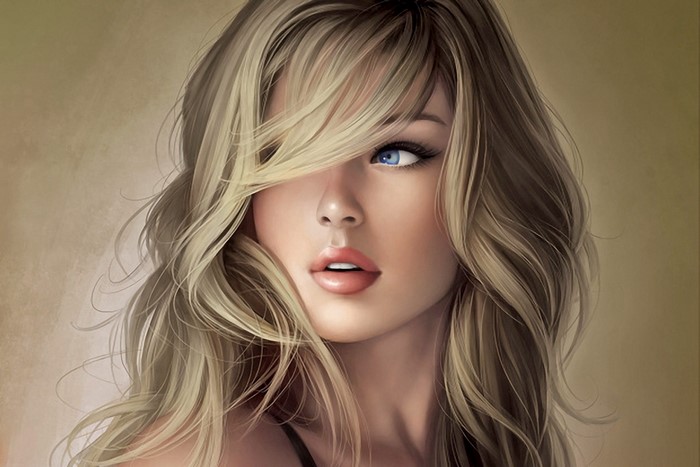 Artwork of a blonde woman with blue eyes