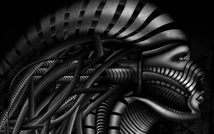 Monochrome biomechanical woman's profile with wires