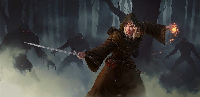 Fantasy warrior woman casting magic in a misty forest with monsters
