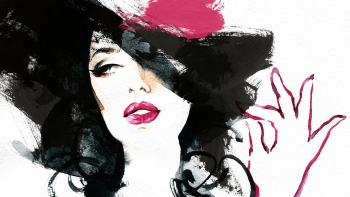 Woman with dark hair and pink lipstick, watercolor painting