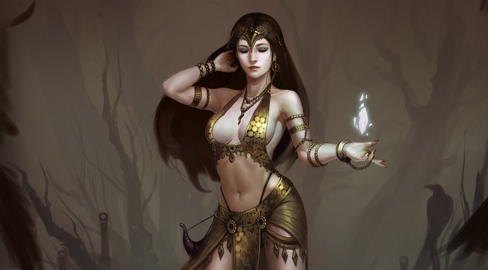 Fantasy art of a woman magician with a crystal